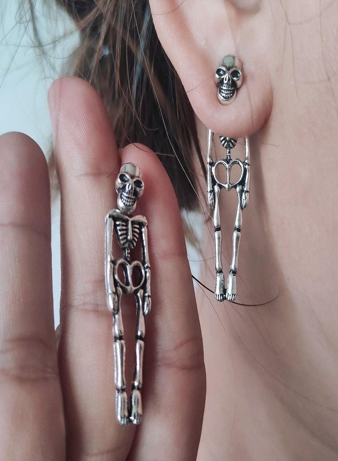 Meimimix Gothic Skull Earrings Punk Skeleton Groom Bride Front Back Stud Earrings Halloween for Women Girl (Silver) - Image 2